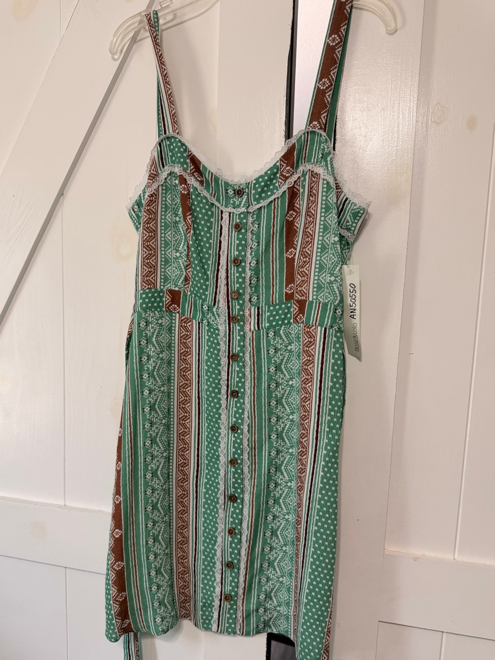 Striped Green Patterned Button-Front Mini Dress - Picture 2 of 10